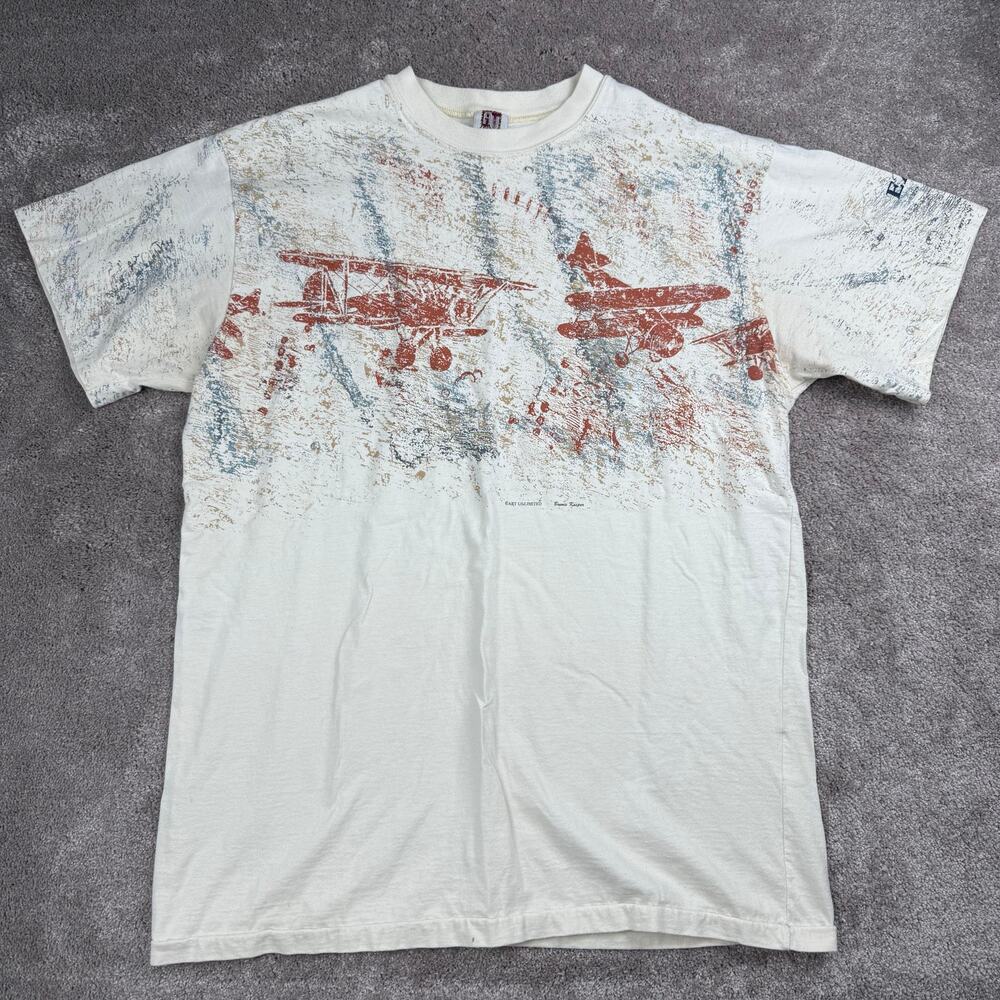 Art Unlimited Sportswear Biplane All Over Print Tee Size XL Cream Y2K